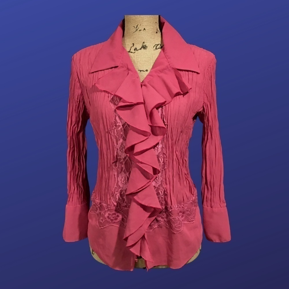 CHADWICK’S Semi-sheer/Lace-Trim/Ruffled REGENCY Blouse, MAUVE, Size 16, NWOT